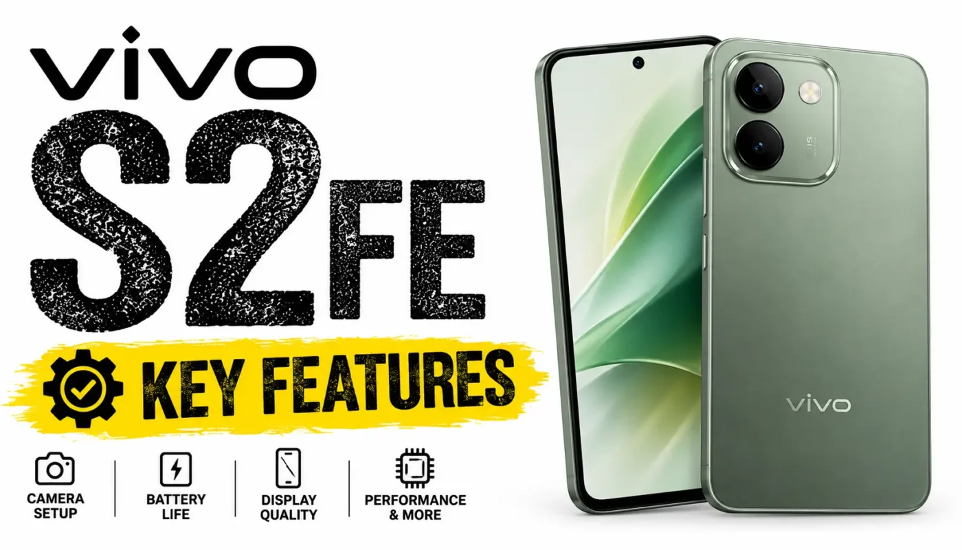 Vivo S2 FE smartphone with key features, front and green rear design on a white background